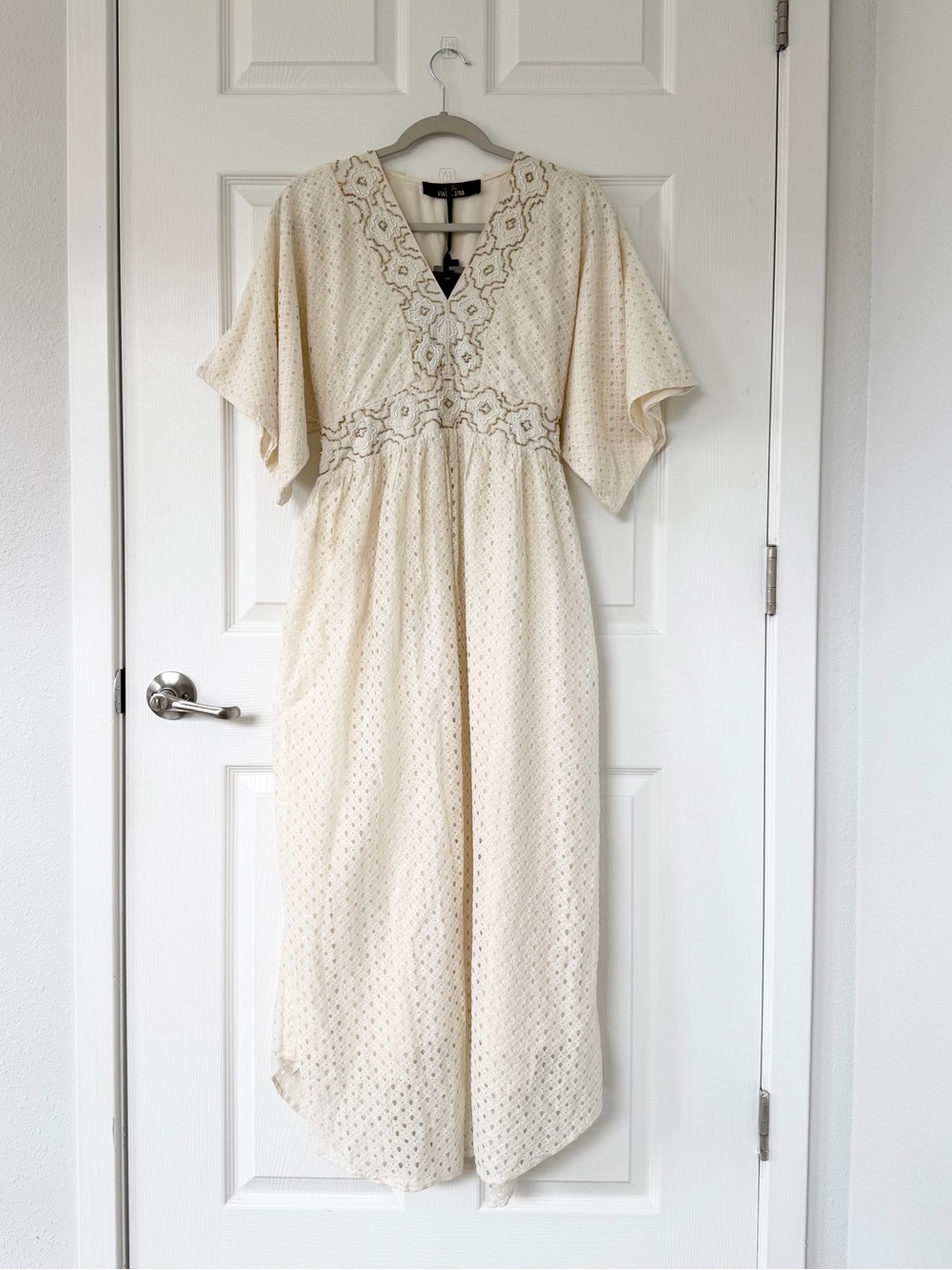 Papa Pia Boho Cream Eyelet Maxi Dress Flutter Sleeve Beaded Neckline & Waist NWT